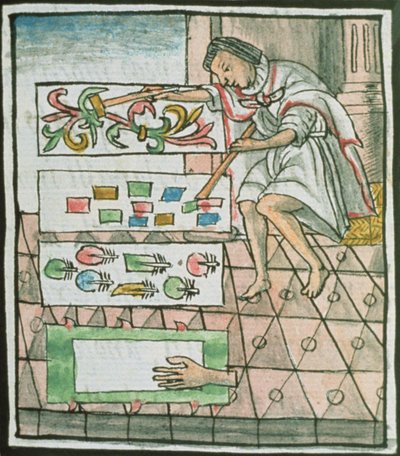 Ms Palat. 218-220 Boek IX Azteekse veerambachtsman ontwerpt en snijdt patronen, uit de 